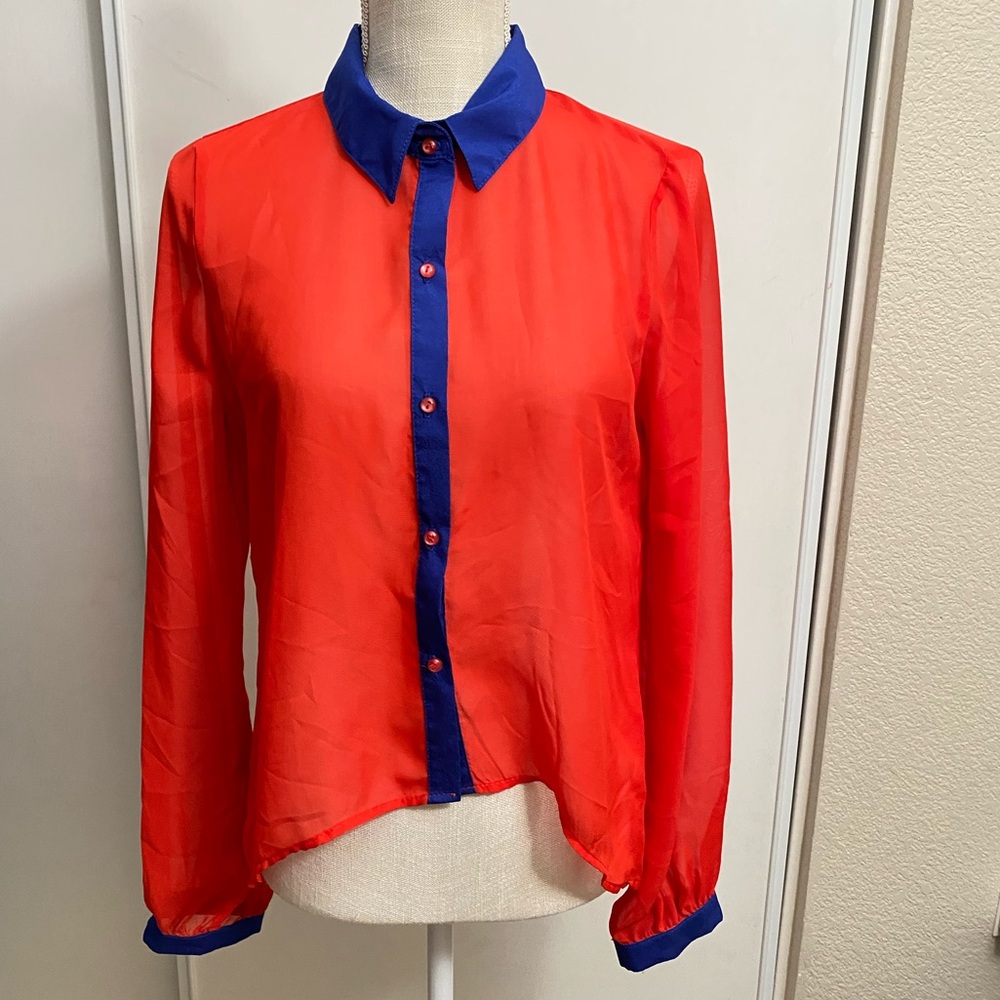 MUST HAVE red w/blue collar sheer shirt size L